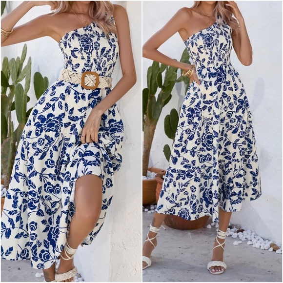 Dresses & Skirts - Boho Floral print One shoulder Cottagecore Dress